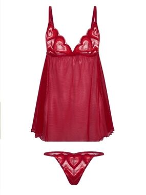 Adore Me Red Heart Lace Babydoll & Thong Set